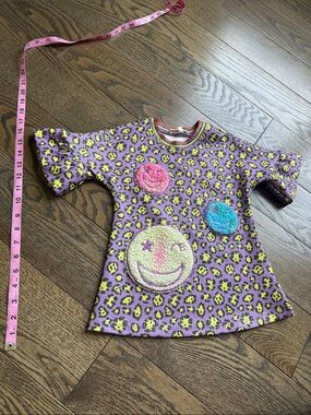 Sara Sara Purple & Yellow Leopard Print Girls Dress with Colorful Smiley Patches
